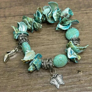 Blue Shells and Beads Silver Tone Beads and Charms Bracelet